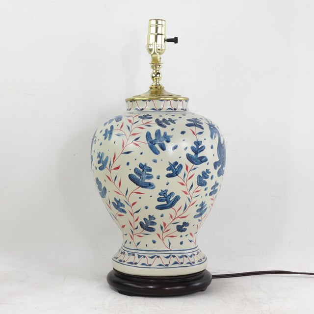 Pair of Vintage Brunschwig & Fils Cadiz Table Lamps - Blue and Cream Ceramic With Boar and Deer Motif For Sale - Image 4 of 15