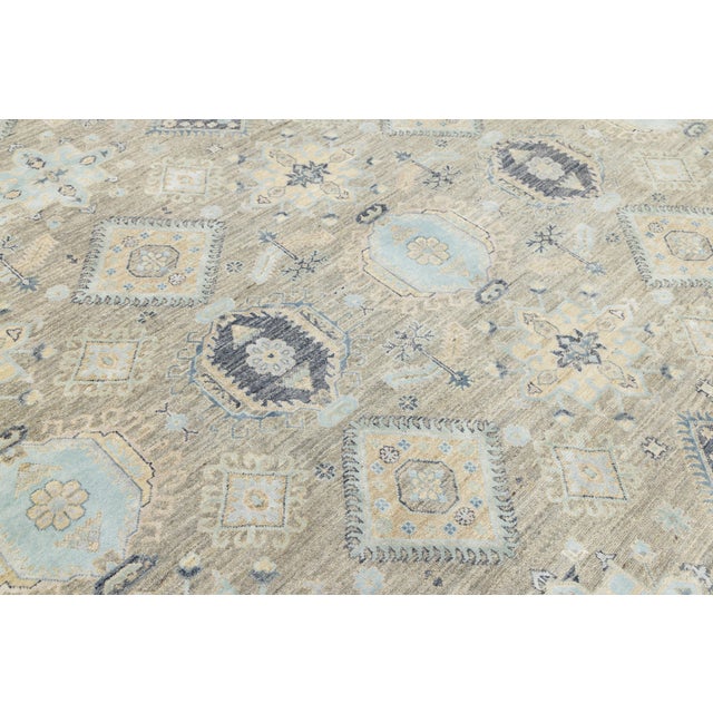 Modern Oushak Style Hand-Knotted Wool & Silk Area Rug in Soft Beige and Blue For Sale - Image 10 of 12