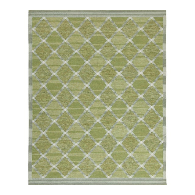 Rug & Kilim’s Scandinavian Style Custom Kilim in Green and Gray Lattice Pattern - 12x18 For Sale