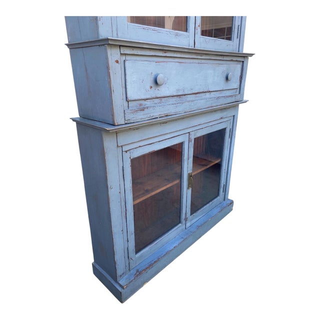 Shabby Chic Antique 19th Century European Pine Step-Back Cabinet With Original Hand Painted Blue Finish For Sale - Image 3 of 7