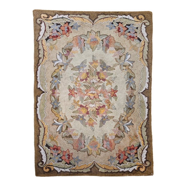 Vintage American Hand Hooked Rug, Floral Pattern in Fall Colors, Folk Art Rug, 6’ X 9’ For Sale
