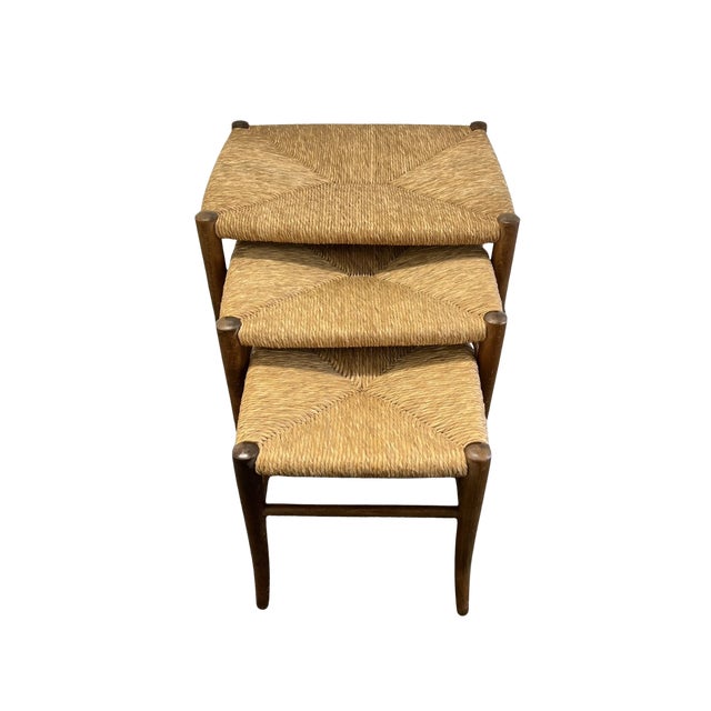 Mid 20th Century Vintage Mid Century Piazza Original Italian Set of 3 Rush Seat Nesting Stools/Tables, Attributed to Gio Ponti For Sale - Image 5 of 17