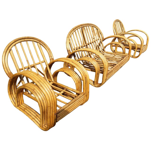 1950s Restored 4-Strand Double Arch Speed Arms Rattan Sofa & Chairs Livingroom Set of 5 For Sale - Image 12 of 14