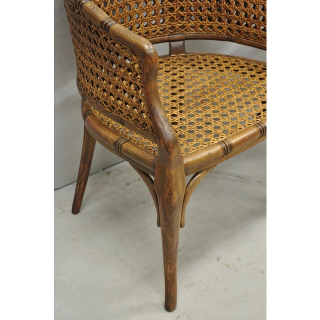 Brown Vintage Hollywood Regency Faux Bamboo Wood & Cane Barrel Back Lounge Chair, Pair For Sale - Image 8 of 15