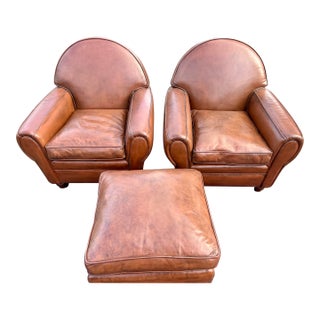 Early 20th Century Pair of French Art Deco Saddle Leather Chairs & Ottoman For Sale