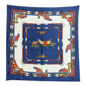Vintage Royal Blue Silk Scarf with British Royal Horse Carriages Motif