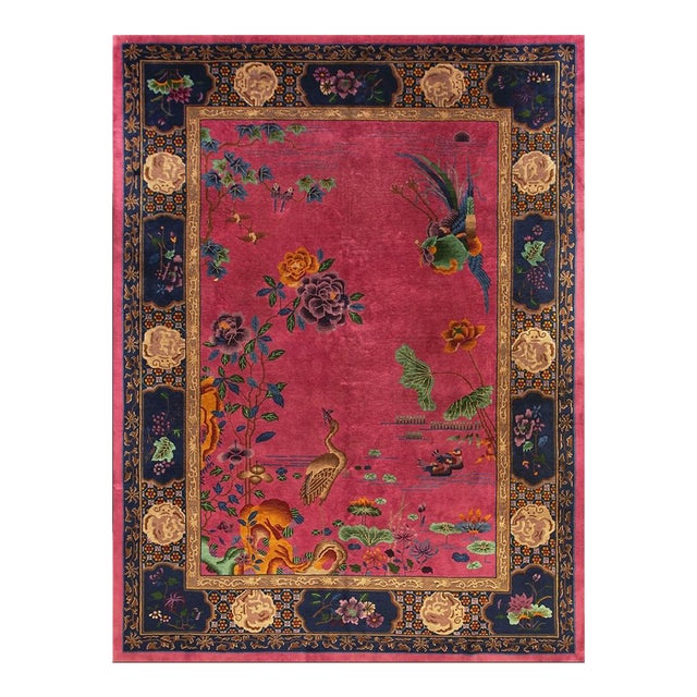 1920s Luxurious Red Wool Antique Chinese Art Deco Walter Nichols Rug Carpet For Sale