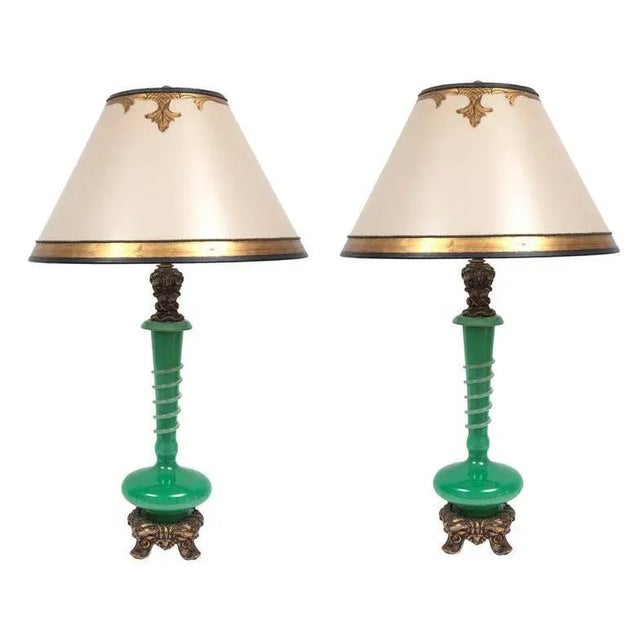 Pair of 19th c. green apple Steuben lamps with bronze bases 24"H