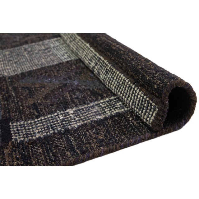 Mid-Century Modern Charcoal Modern Swedish Style Room Size Wool Rug With Art Deco Motif For Sale - Image 3 of 9