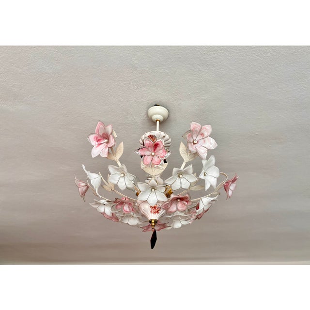 Vintage Murano Style Floral Chandelier – Romantic Pink & White Glass Bouquet Light - Pair For Sale - Image 18 of 18