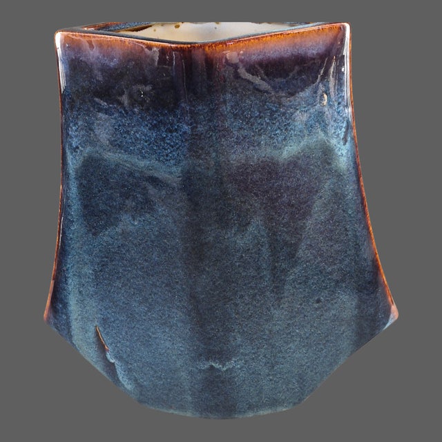 Mid-Century Modern Glazed Pottery Unusual Form Blue Vase For Sale - Image 6 of 8