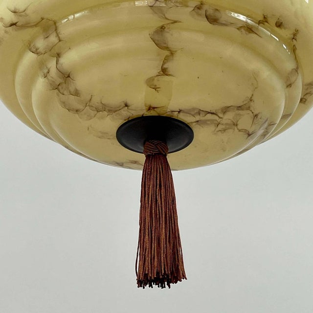 Art Deco Dark Cream Marbled Opaline & Bronzed Pendant with Tassel, Germany, 1930s For Sale - Image 11 of 17