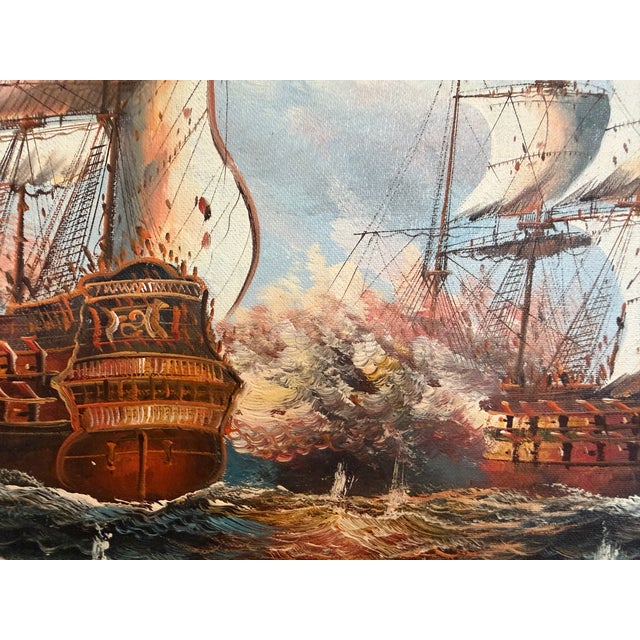 Impressionist Original Marine Naval Battle Oil Painting Sailing Ships Seascape Framed, Signed For Sale - Image 3 of 11