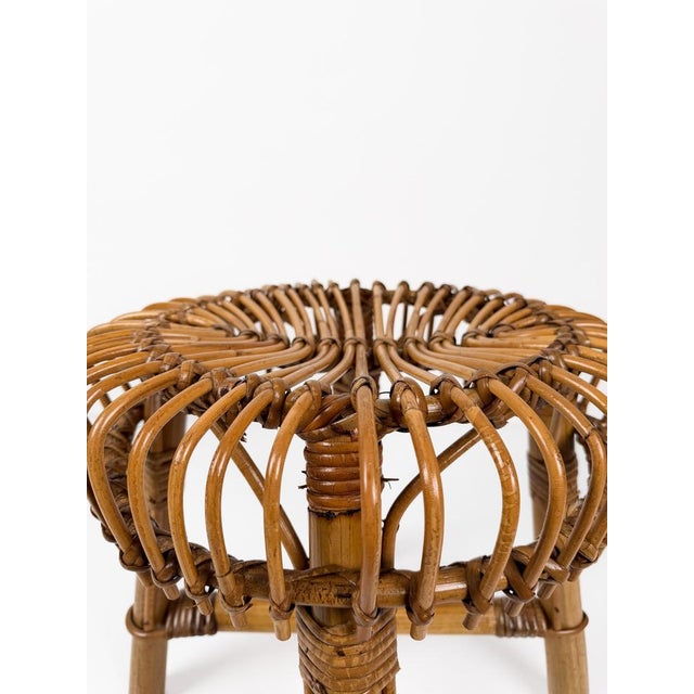 Tito Agnoli Mid-Century Italian Handcrafted Cane Bamboo & Rattan Stool in the style of Albini for Tito Agnoli, 1960s For Sale - Image 4 of 18