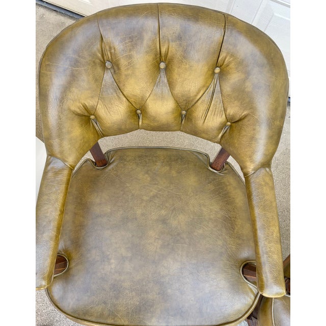 Set of Four Vintage Lewittes Tufted Sage Vinyl Club/Conference Chairs With Brass Casters For Sale - Image 10 of 17