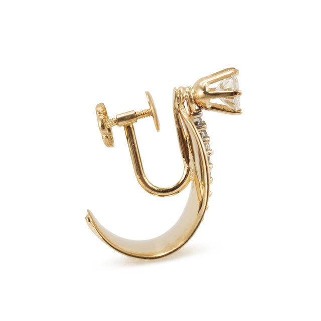 Vintage 14k Yellow Gold 1.43ct Diamond Stud Huggie Clip Dangle J Hoops Earrings, a Pair For Sale - Image 4 of 8