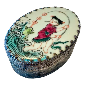Early 20th Century Antique Chinoiserie Enamel & Silver Plated Mirrored Trinket Box