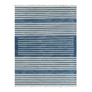 Rug & Kilim's Contemporary Dhurrie Rug in Dark Blue and White Stripes - 12x18 For Sale