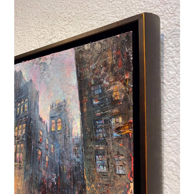 Contemporary Understanding of Bat Wing Revolution by Josh George | Mixed Media on Wood Panel Urban cityscape at dusk For Sale - Image 3 of 5
