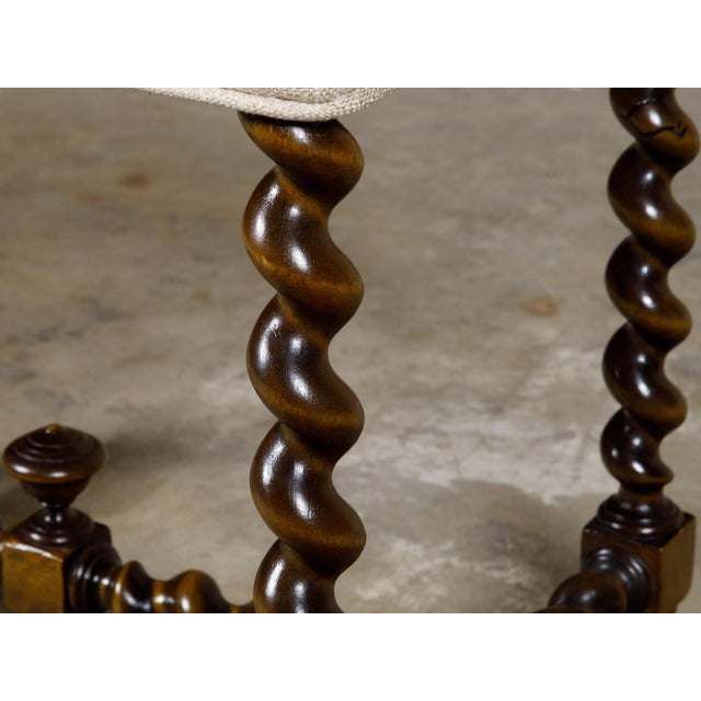 Barley Twist English 19th Oak Stool with Cross Stretcher and Custom Upholstery For Sale In Atlanta - Image 6 of 11