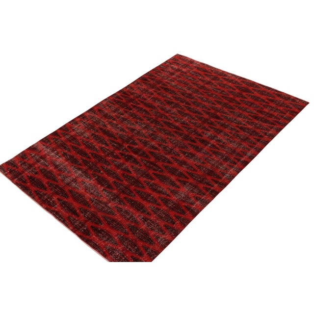 Art Deco 1960s Vintage Distressed Deco Rug in Red & Black Geometric Pattern For Sale - Image 3 of 7