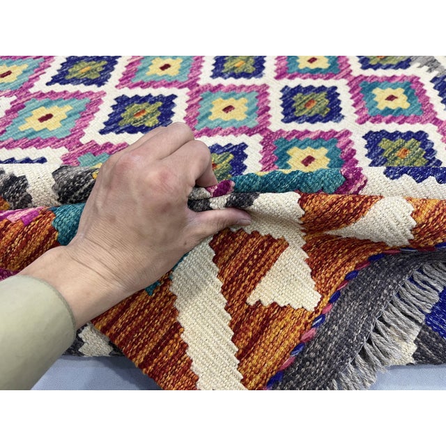 4'2" X 5'10" Multicolor Afghan Chobi Geometric Wool Flatweave Kilim Rug For Sale - Image 15 of 16