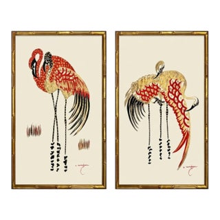 Mid-Century Venetian Modern Framed Faux Bamboo Paintings Antonio Ravagnan Flamingos -S/2 For Sale