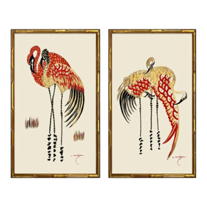 Mid-Century Venetian Modern Framed Faux Bamboo Paintings Antonio Ravagnan Flamingos -S/2