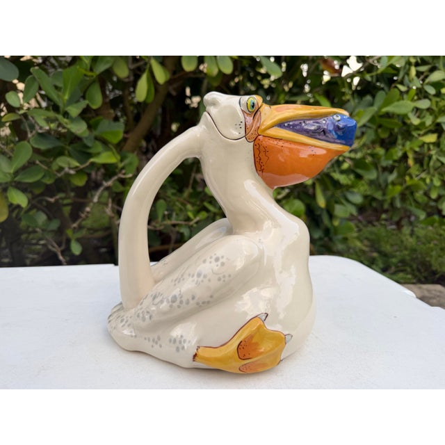 Folk Art Vintage Signed Animals & Co. Ceramic Pelican Pitcher With Fish & Removable Lid For Sale - Image 3 of 9