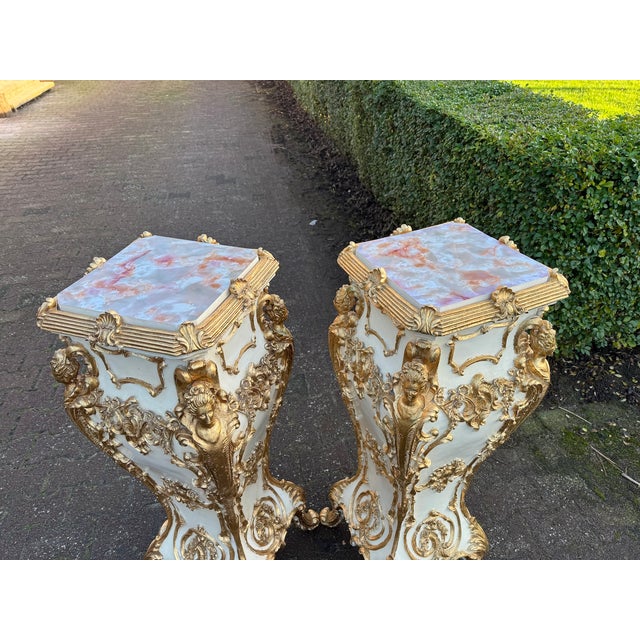 Pair of Late 20th-Century Italian Baroque Cream & Gold Pedestals with Marble-Effect Tops Date/Period: Late 20th Century...