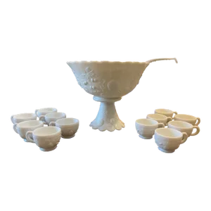 1940s Westmoreland 3 Fruits Pattern Punch Bowl Set- 15 Pieces