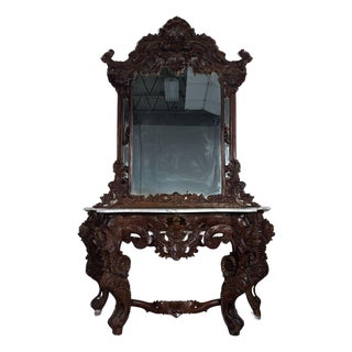 Late 20th Century Hand-Carved Rococo Revival Marble Console & Mirror For Sale