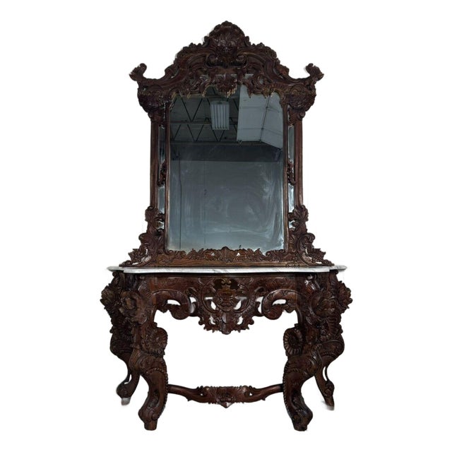 Late 20th Century Hand-Carved Rococo Revival Marble Console & Mirror For Sale