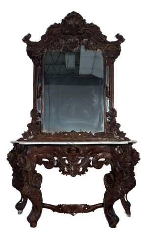 Late 20th Century Hand-Carved Rococo Revival Marble Console & Mirror