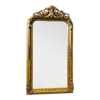 Ornate French Baroque Floor Mirror With Hand-Gilded Gold Leaf Frame & Cherub Details For Sale