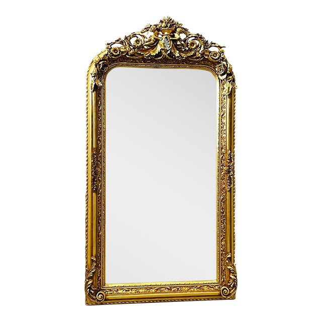 Ornate French Baroque Floor Mirror With Hand-Gilded Gold Leaf Frame & Cherub Details For Sale