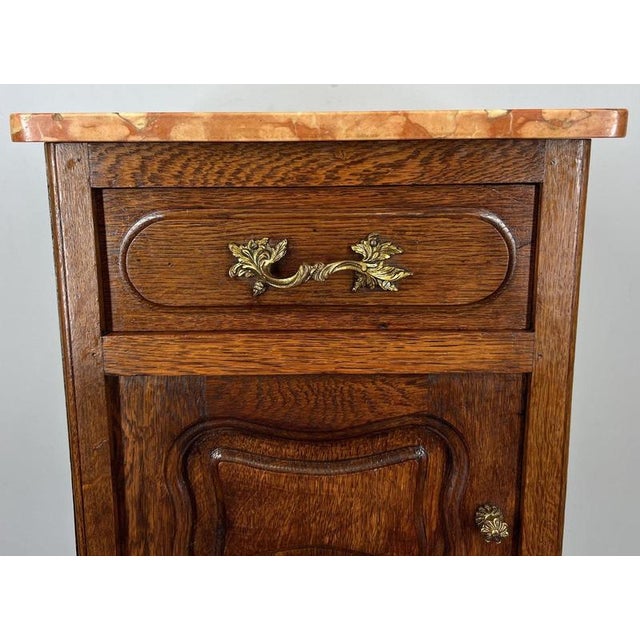 French Bedside Tables in Oak with Marble Tops, Set of 2 For Sale - Image 6 of 14