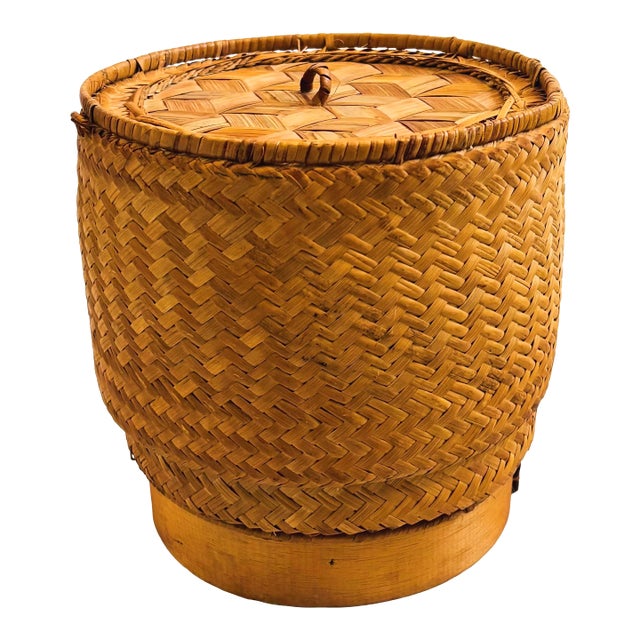 Vintage Lidded Wicker Basket For Sale