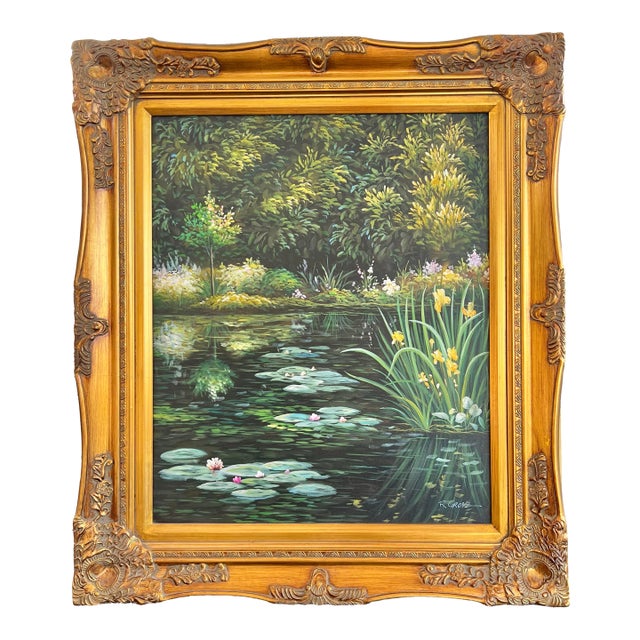 Late 20th Century Impressionist Painting of Lily Pond Framed Signed by R Grove For Sale