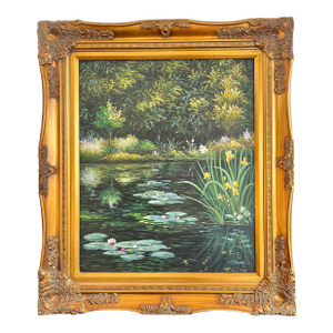 Late 20th Century Impressionist Painting of Lily Pond Framed Signed by R Grove