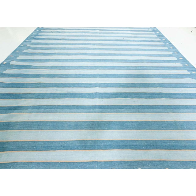 Mid 20th Century Doris Leslie Blau Vintage Indian Dhurrie Striped Blue Rug For Sale - Image 5 of 8