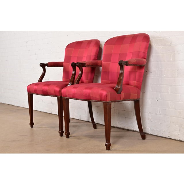 Baker Furniture English Regency Carved Mahogany Upholstered Armchairs or Dining Captain Chairs, Pair For Sale - Image 13 of 13