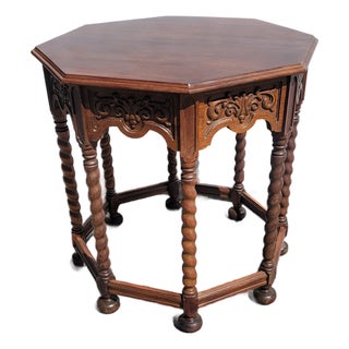 1920s Antique Spanish Revival Octangle Table Large Walnut Barley Twist Legs For Sale