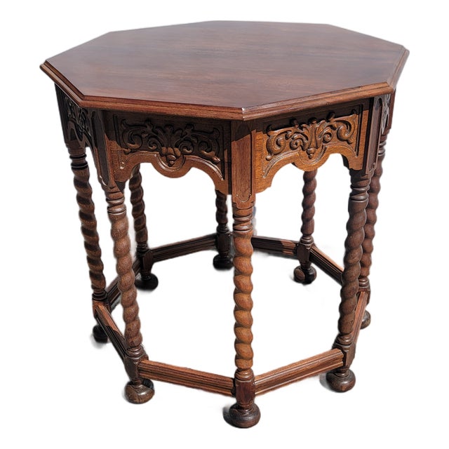 1920s Antique Spanish Revival Octangle Table Large Walnut Barley Twist Legs For Sale