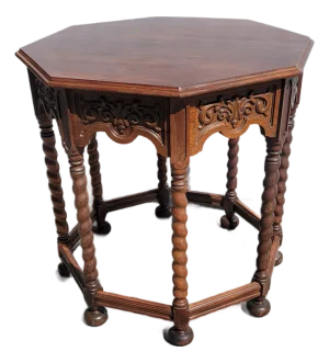 1920s Antique Spanish Revival Octangle Table Large Walnut Barley Twist Legs