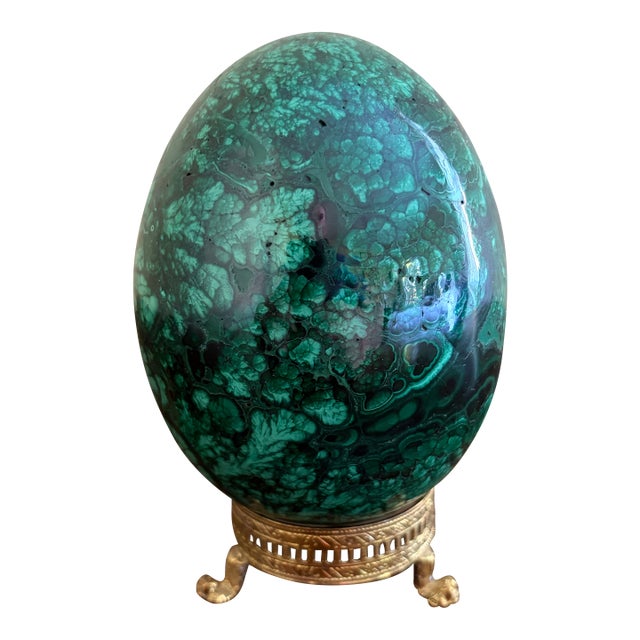 Large Solid Malachite Egg on Neoclassical Brass Stand With Paw Feet For Sale