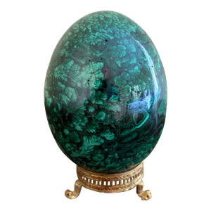 Large Solid Malachite Egg on Neoclassical Brass Stand With Paw Feet