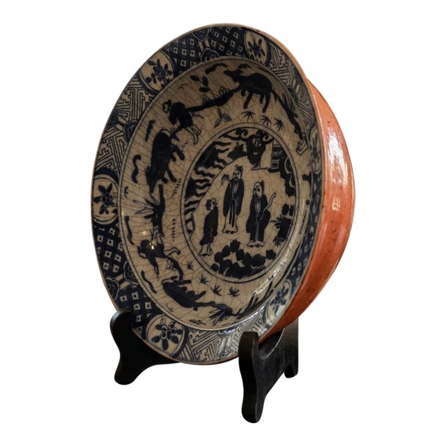 Antique Chinese Blue & White Porcelain Bowl With Rare Coral Glaze Exterior – Qing Dynasty Scholar Motif – Late 19th Century For Sale