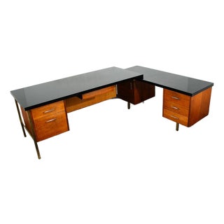 Mid Century Modern Desk Executive L Shaped Cane Walnut Large Black File Drawers For Sale