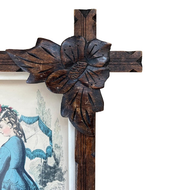 Pair of Victorian Fashion Engravings in Carved Black Forest Frames, 19th C. For Sale - Image 9 of 17